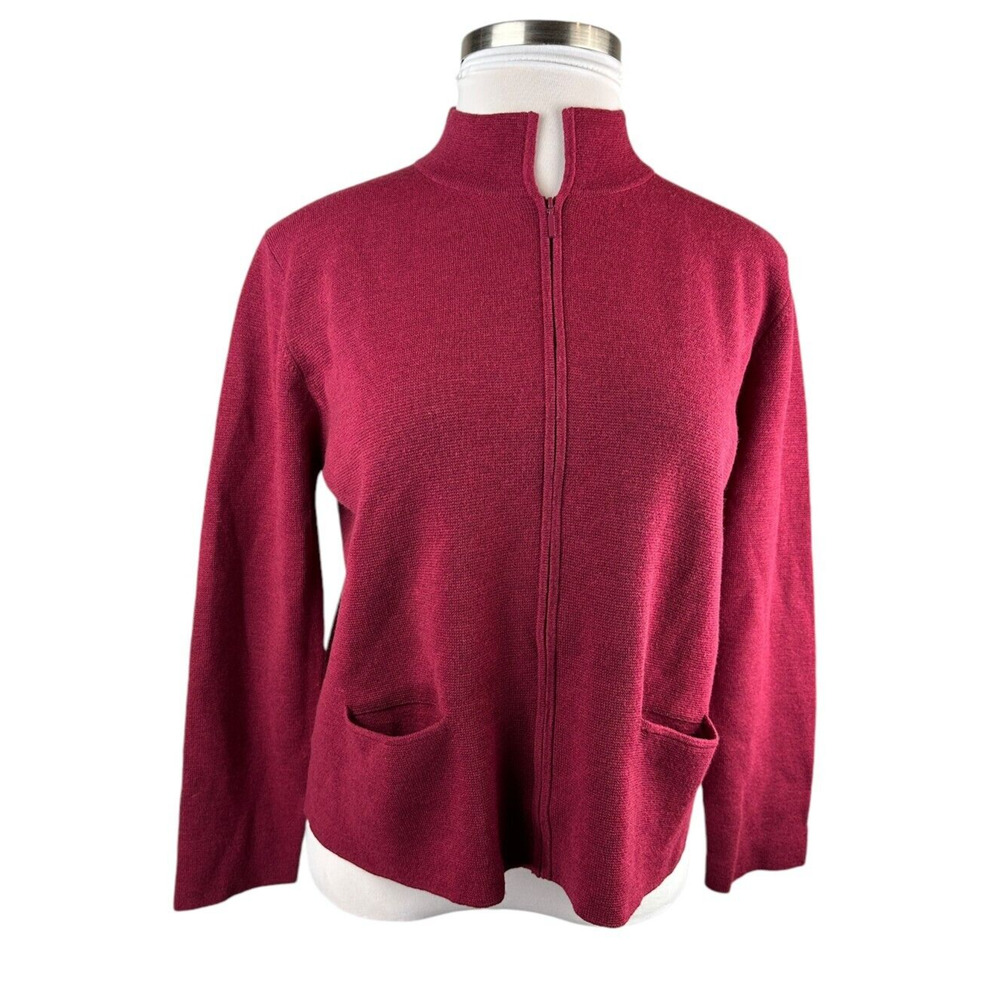 Eileen Fisher 100% Wool Full Zip Cardigan Sweater Jacket Red Burgundy Medium - Picture 4 of 13